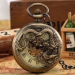 Bronze Hollow Dragon Half Hunter Mechanical Pocket Watch
