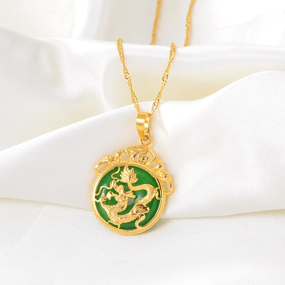Anniyo Green Stone Dragon Pendant Necklace - Image 3
