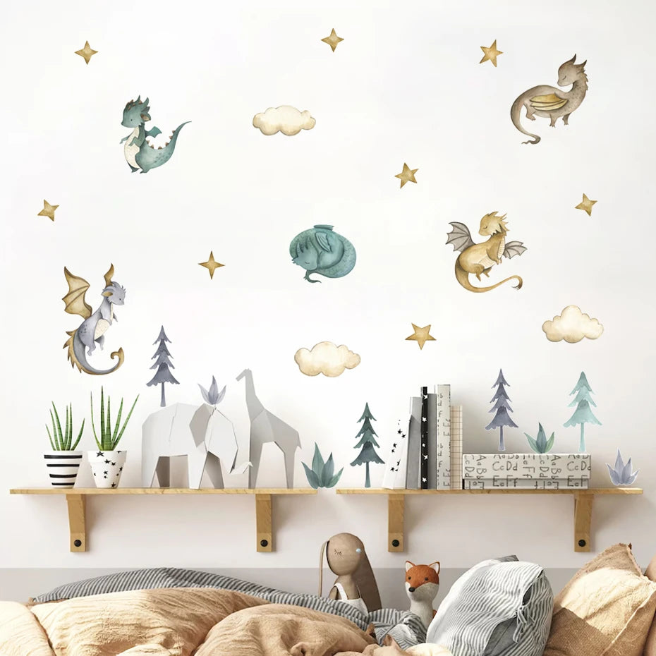 Cartoon Dragon & Clouds Watercolor Wall Stickers