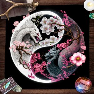 Chinese Dragon Tarot Card Tablecloth Tapestry – Black Moon & Starry Sky Dragons Wicca Altar Cloth