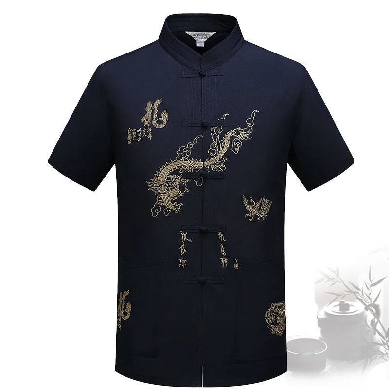 Chinese Traditional Tang Clothing – Mandarin Collar Kung Fu Wing Chun Shirt with Dragon Embroidery (Short Sleeve) M-XXXL - Image 17
