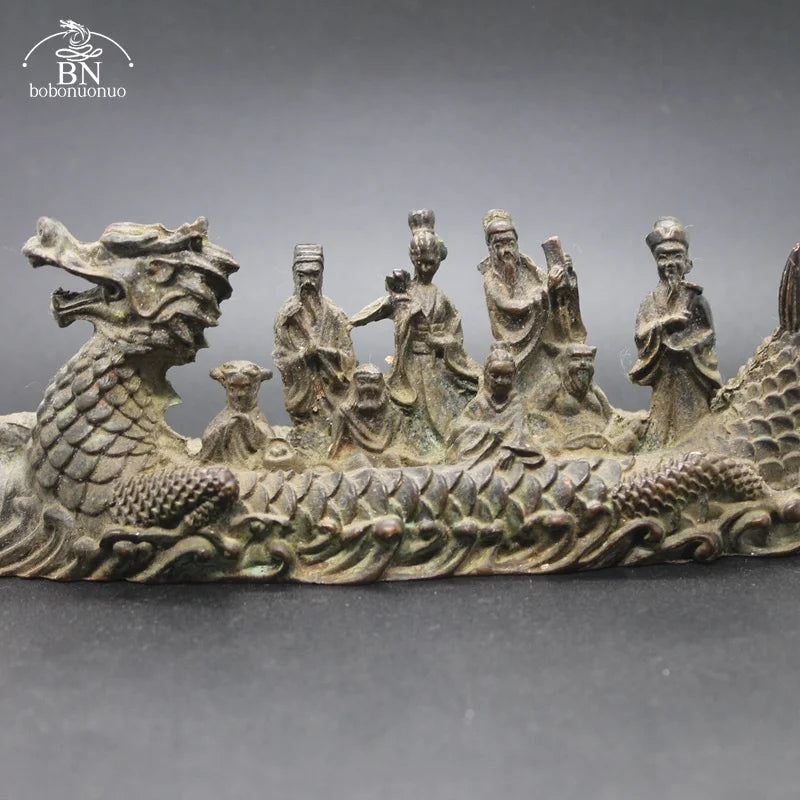 Antique Copper Dragon Boat Eight Immortals Statue – Desktop Ornament, Feng Shui Figurine & Home Decor Accessory - Image 2