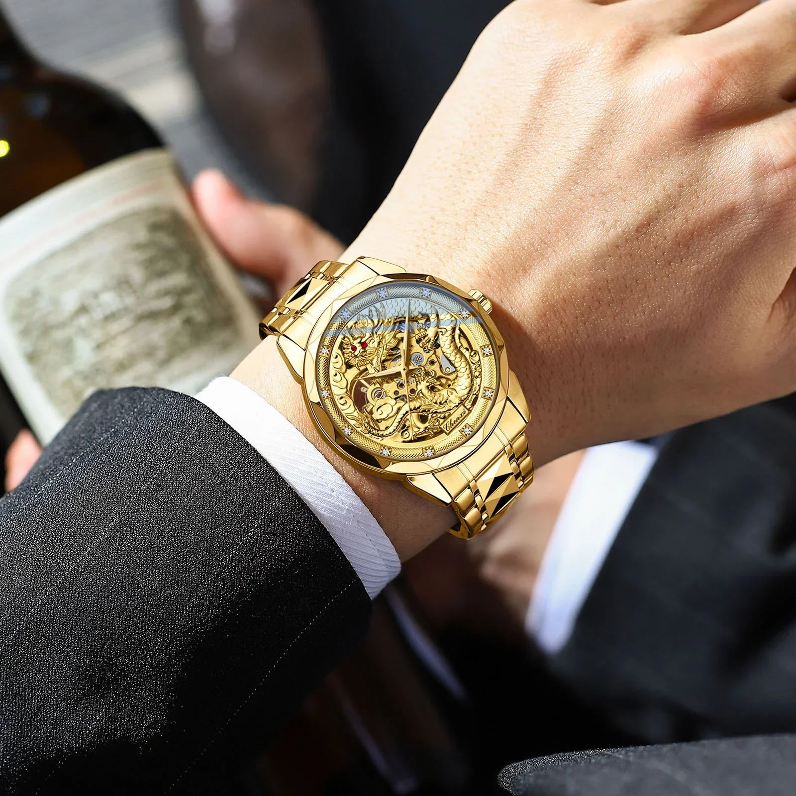 CHENXI 8899 Chinese Nation Culture & Art Watch – 3D Embossed Dragon Pattern Gold Automatic Mechanical Stainless Steel Men’s Watch - Image 3