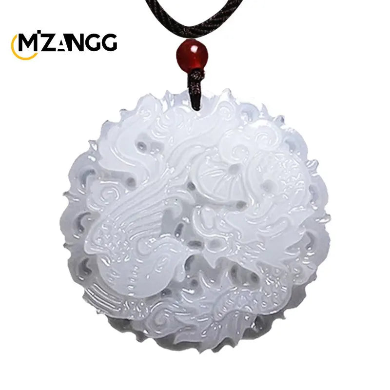 Chinese White Jade Dragon & Phoenix Pendant - Image 5