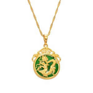 Anniyo Green Stone Dragon Pendant Necklace