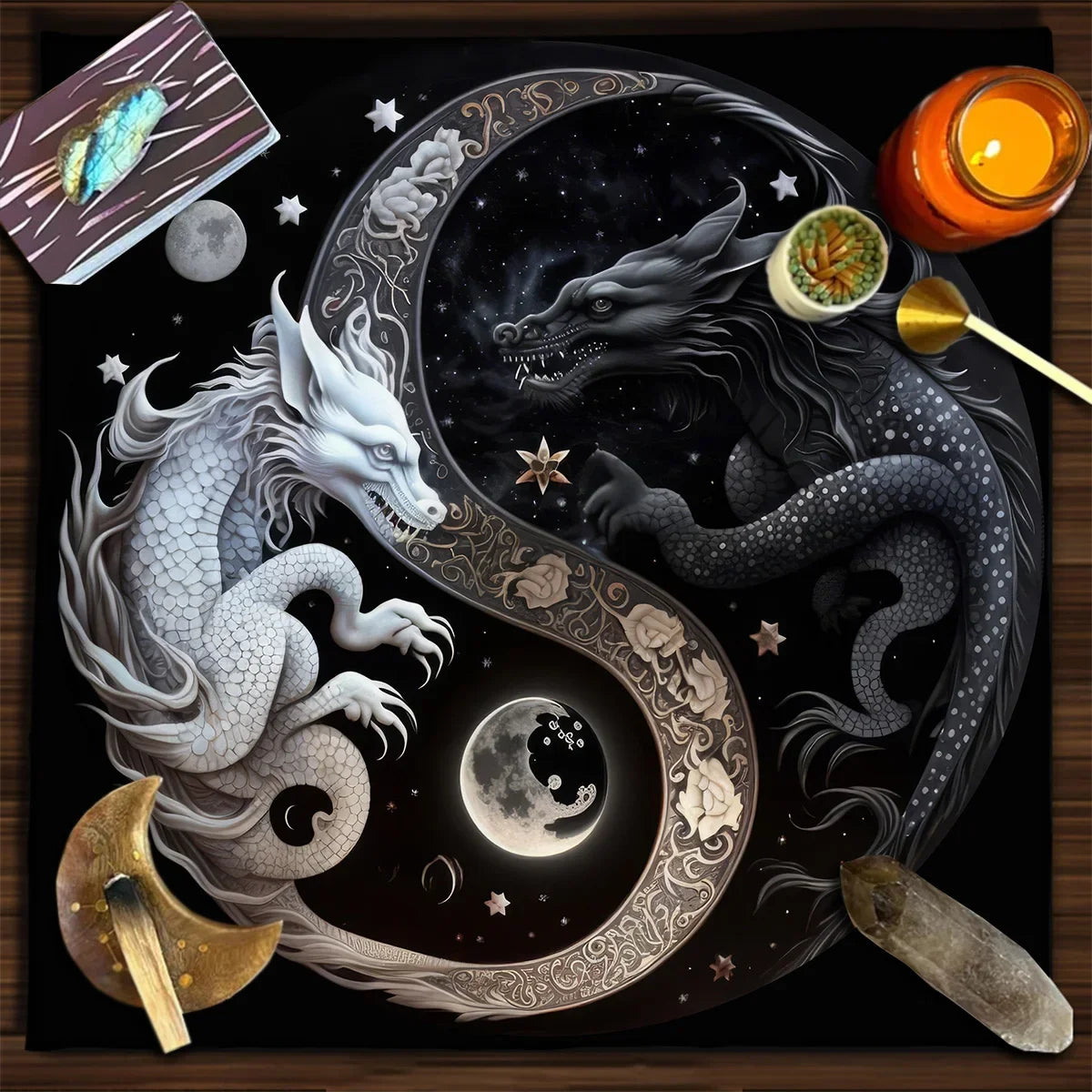 Chinese Dragon Tarot Card Tablecloth Tapestry – Black Moon & Starry Sky Dragons Wicca Altar Cloth - Image 8